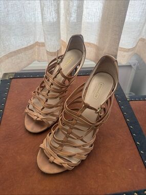 Coach Tan Strappy Leather High Heel Sandals